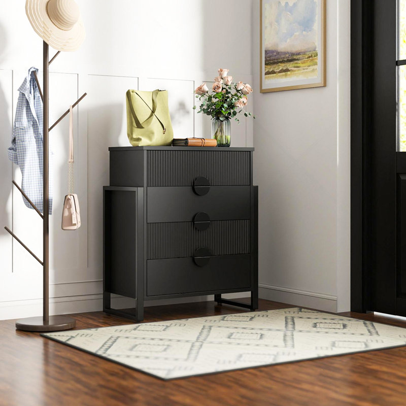 Ebern Designs Modern Fluted 4 Drawer Dresser textured Wood Sticks Borders H Legs For Bedroom Hallway Black